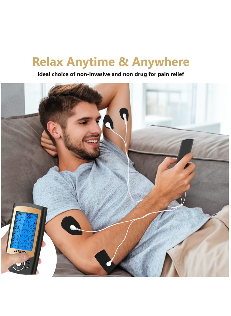 RIGID FITNESS - TENS EMS Muscle Stimulator With 24 Massage Modes - Pain Relief Massager, Nerve & Muscle Activation - Includes 10 Electrode Pads & Carry Bag - For Better Blood Flow, Relaxation & Recovery - Image 1