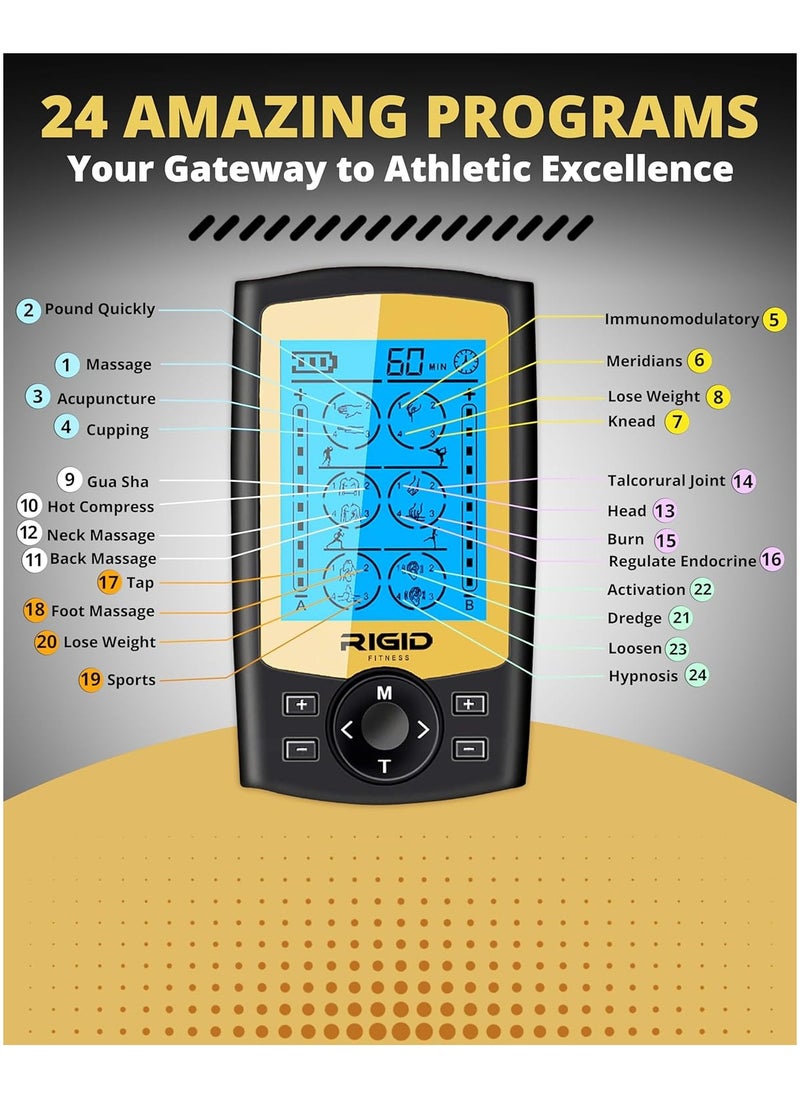 RIGID FITNESS - TENS EMS Muscle Stimulator With 24 Massage Modes - Pain Relief Massager, Nerve & Muscle Activation - Includes 10 Electrode Pads & Carry Bag - For Better Blood Flow, Relaxation & Recovery - Image 1