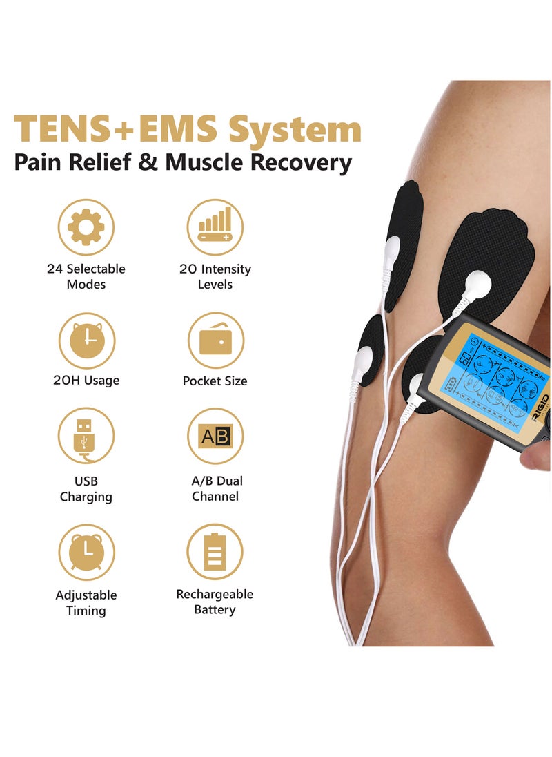 RIGID FITNESS - TENS EMS Muscle Stimulator With 24 Massage Modes - Pain Relief Massager, Nerve & Muscle Activation - Includes 10 Electrode Pads & Carry Bag - For Better Blood Flow, Relaxation & Recovery - Image 1