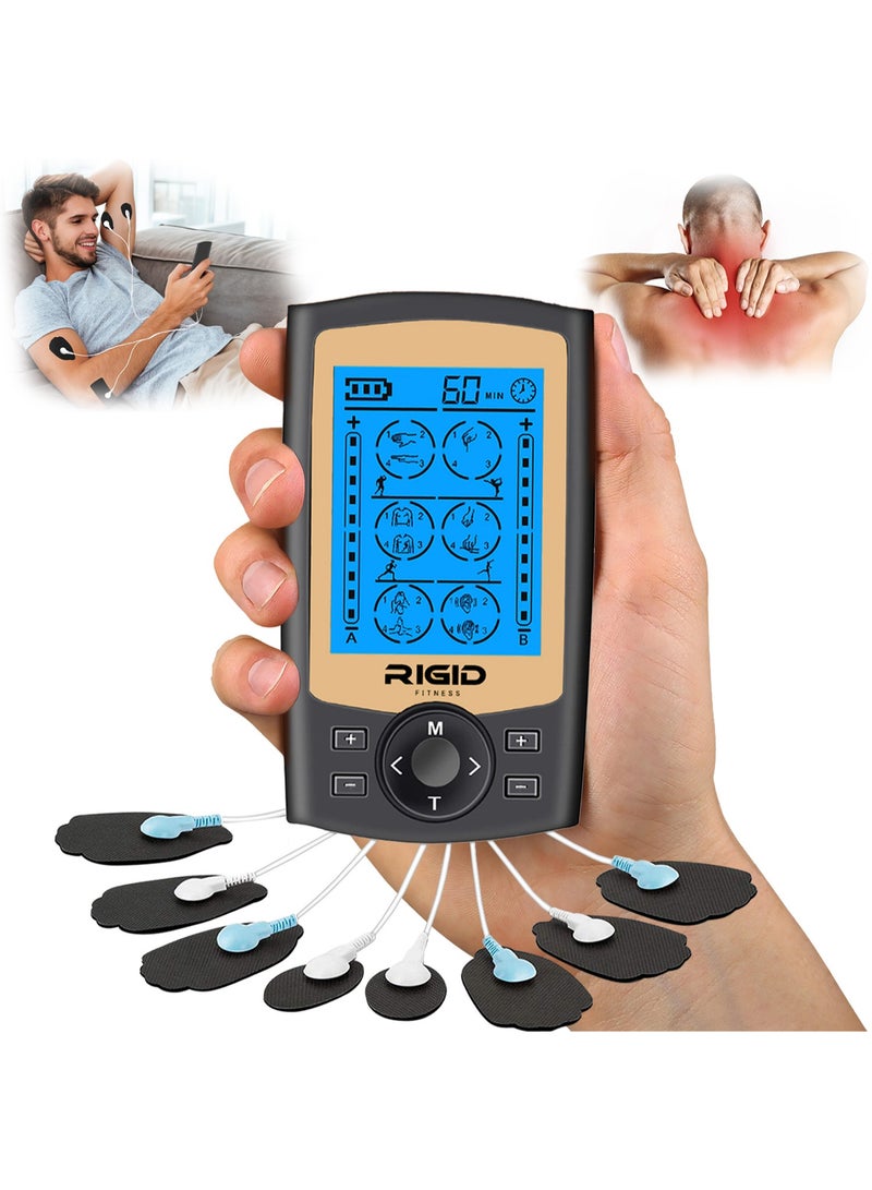 RIGID FITNESS TENS EMS Muscle Stimulator With 24 Massage Modes - Pain Relief Massager, Nerve & Muscle Activation - Includes 10 Electrode Pads & Carry Bag - For Better Blood Flow, Relaxation & Recovery - Image 1