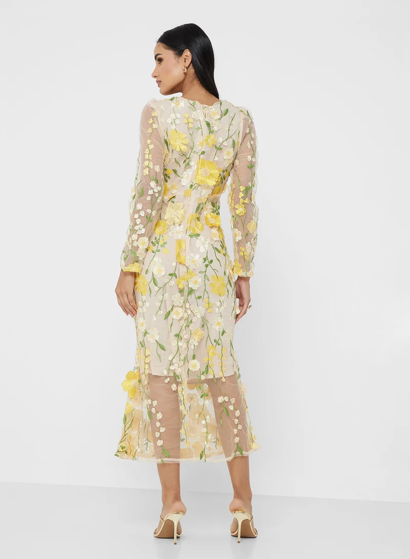 جينجر بوتيك 3D Floral Applique Mermaid Maxi Gown