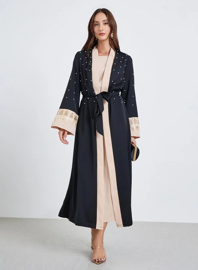 Take Two Women's colorblocked Faux Pearl Decor Belted Abaya with Inner Sleeveless Dress Set