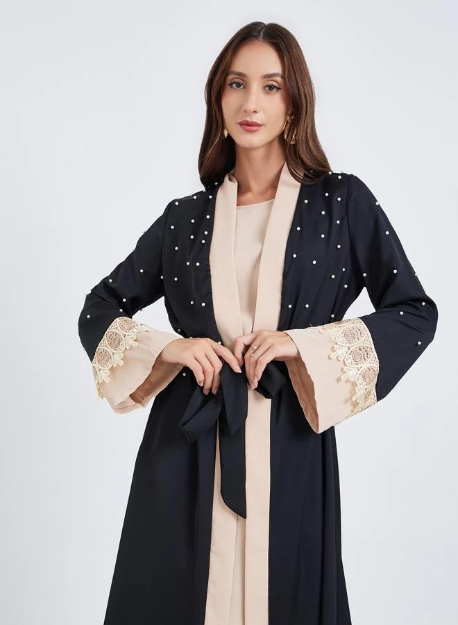 Take Two Women's colorblocked Faux Pearl Decor Belted Abaya with Inner Sleeveless Dress Set