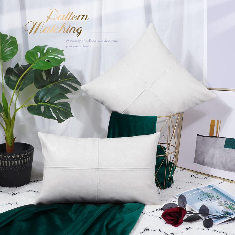 BRAWARM Faux Leather Throw Pillow Covers 18 X 18 Inches, White Leather Pillow Cover, Hand Stitched Leather Decorative Pillow Cover for Couch Sofa Bed Living Room Home Garden - Image 3
