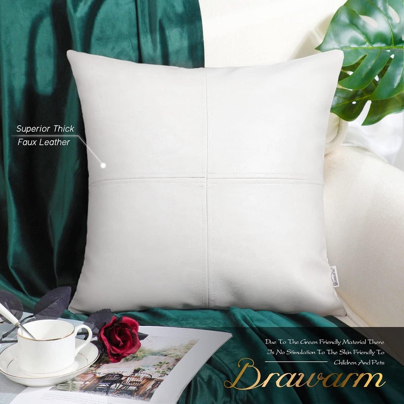 BRAWARM Faux Leather Throw Pillow Covers 18 X 18 Inches, White Leather Pillow Cover, Hand Stitched Leather Decorative Pillow Cover for Couch Sofa Bed Living Room Home Garden - Image 2