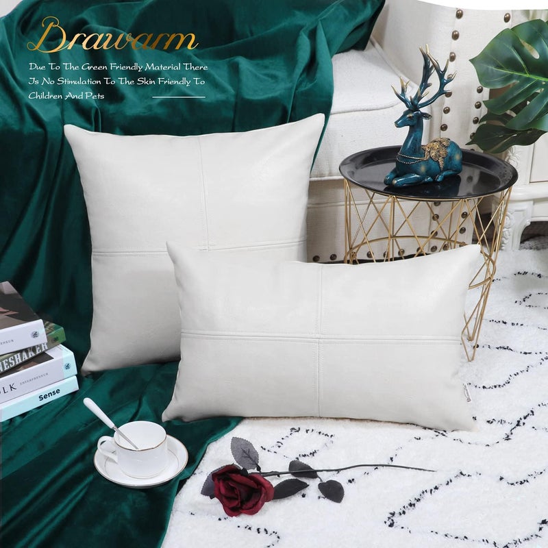 BRAWARM Faux Leather Throw Pillow Covers 18 X 18 Inches, White Leather Pillow Cover, Hand Stitched Leather Decorative Pillow Cover for Couch Sofa Bed Living Room Home Garden - Image 4