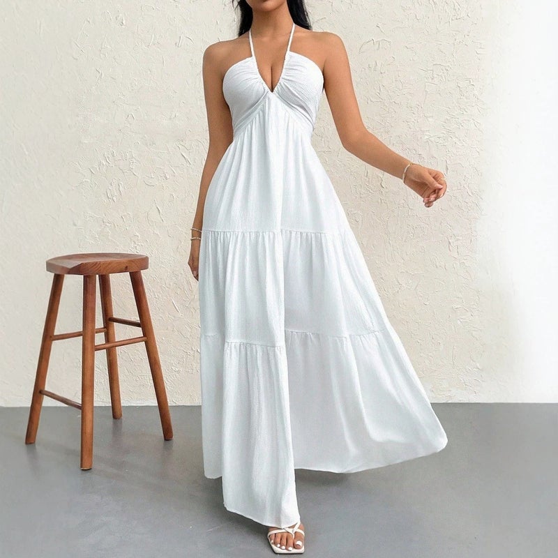 2026 Summer Women's Deep V Off Shoulder Bohemian Belted Wedding Party Dress - Image 1