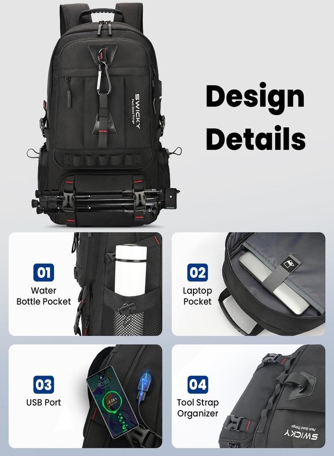SWICKY 60L Large Expandable Travel Backpack with Shoe Compartment, Laptop Compartment, USB Port, Water Resistant, Unisex Backpack for Travel & Hiking (Black) - Image 4