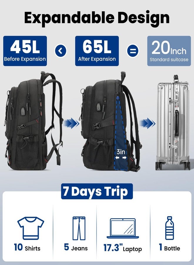 SWICKY 60L Large Expandable Travel Backpack with Shoe Compartment, Laptop Compartment, USB Port, Water Resistant, Unisex Backpack for Travel & Hiking (Black) - Image 3