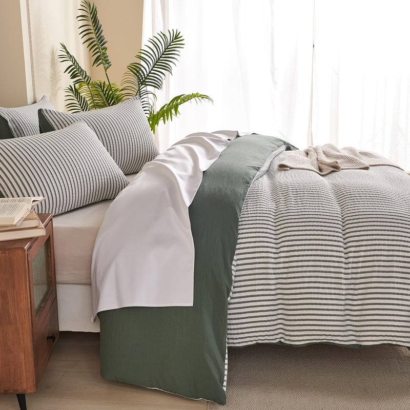 TISPLR Green Comforter Set Queen Size Soft Luxury Washed Microfiber Jacquard 3 Pieces Bedding Set, White Green Vertical Ticking Stripes Pattern Comforter with 2 Pillowcases Breathable Durable Comfy - Image 4
