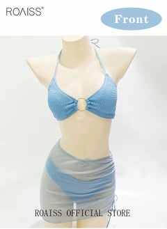 roaiss 3 Pack Bikini Sets Halter Beachwear Ladies Tankini Swimsuit Hollow Out Beach Skirt Push Up Textured Ring Linked for Swimwear Blue  - Image 5