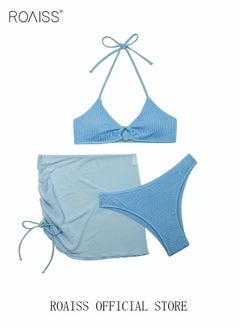 roaiss 3 Pack Bikini Sets Halter Beachwear Ladies Tankini Swimsuit Hollow Out Beach Skirt Push Up Textured Ring Linked for Swimwear Blue  - Image 1