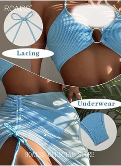 roaiss 3 Pack Bikini Sets Halter Beachwear Ladies Tankini Swimsuit Hollow Out Beach Skirt Push Up Textured Ring Linked for Swimwear Blue  - Image 2