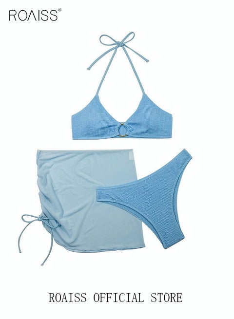 3 Pack Bikini Sets Halter Beachwear Ladies Tankini Swimsuit Hollow Out Beach Skirt Push Up Textured Ring Linked for Swimwear Blue Beach Vacation