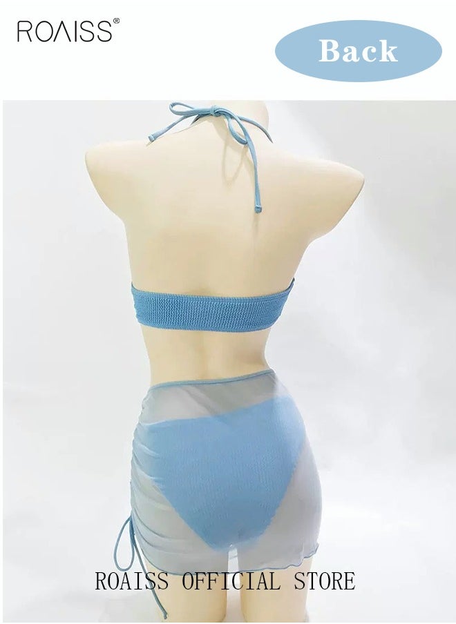 roaiss - 3 Pack Bikini Sets Halter Beachwear Ladies Tankini Swimsuit Hollow Out Beach Skirt Push Up Textured Ring Linked for Swimwear Blue - Image 1