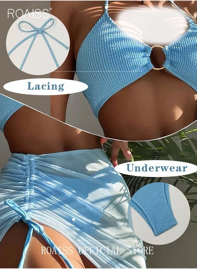 roaiss 3 Pack Bikini Sets Halter Beachwear Ladies Tankini Swimsuit Hollow Out Beach Skirt Push Up Textured Ring Linked for Swimwear Blue  - Image 2