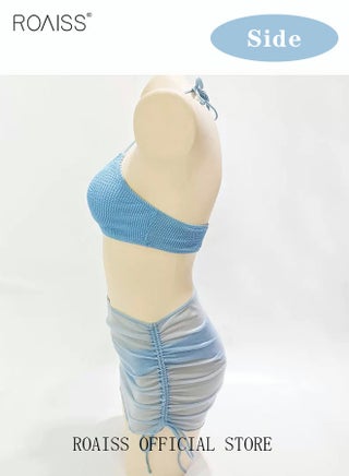Three-Piece Bikini Sets Halter Beachwear, Ladies Tankini Swimsuit, Hollow out Beach Skirt, Push up Textured Ring Linked for Swimwear, Suitable for Vacations and Hot Springs, Blue - view 5