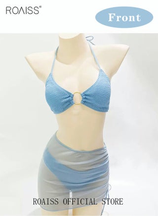 Three-Piece Bikini Sets Halter Beachwear, Ladies Tankini Swimsuit, Hollow out Beach Skirt, Push up Textured Ring Linked for Swimwear, Suitable for Vacations and Hot Springs, Blue - view 4