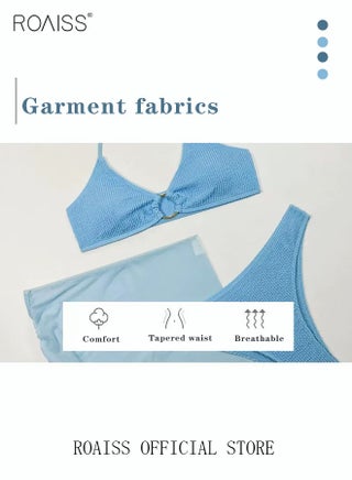 Three-Piece Bikini Sets Halter Beachwear, Ladies Tankini Swimsuit, Hollow out Beach Skirt, Push up Textured Ring Linked for Swimwear, Suitable for Vacations and Hot Springs, Blue - view 3
