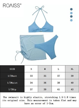 Three-Piece Bikini Sets Halter Beachwear, Ladies Tankini Swimsuit, Hollow out Beach Skirt, Push up Textured Ring Linked for Swimwear, Suitable for Vacations and Hot Springs, Blue - view 2