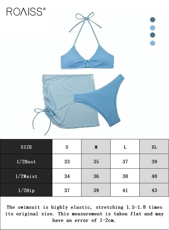 roaiss Three-Piece Bikini Sets Halter Beachwear, Ladies Tankini Swimsuit, Hollow out Beach Skirt, Push up Textured Ring Linked for Swimwear, Suitable for Vacations and Hot Springs, Blue - Image 2