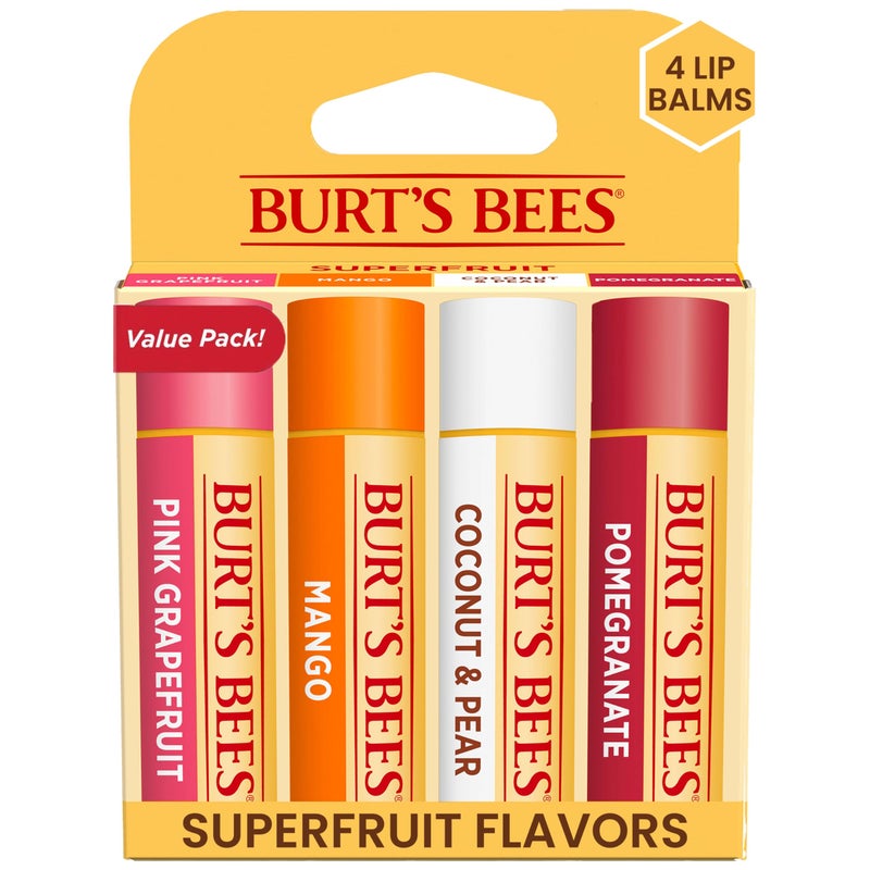 Burt's Bees Lip Balm - Pink Grapefruit, Mango, Coconut u0026 Pear, and Pomegranate Pack, Lip Moisturizer With Beeswax, Tint-Free, Natural Origin Conditioning Lip Treatment, 4 Tubes, 0.15 oz. - Image 1