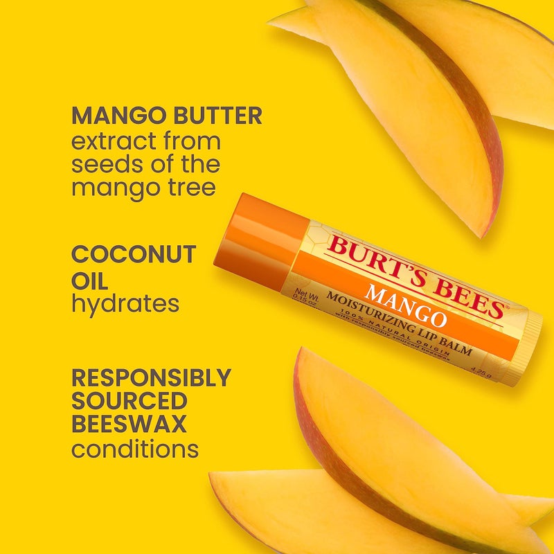 Burt's Bees Lip Balm - Pink Grapefruit, Mango, Coconut u0026 Pear, and Pomegranate Pack, Lip Moisturizer With Beeswax, Tint-Free, Natural Origin Conditioning Lip Treatment, 4 Tubes, 0.15 oz. - Image 2