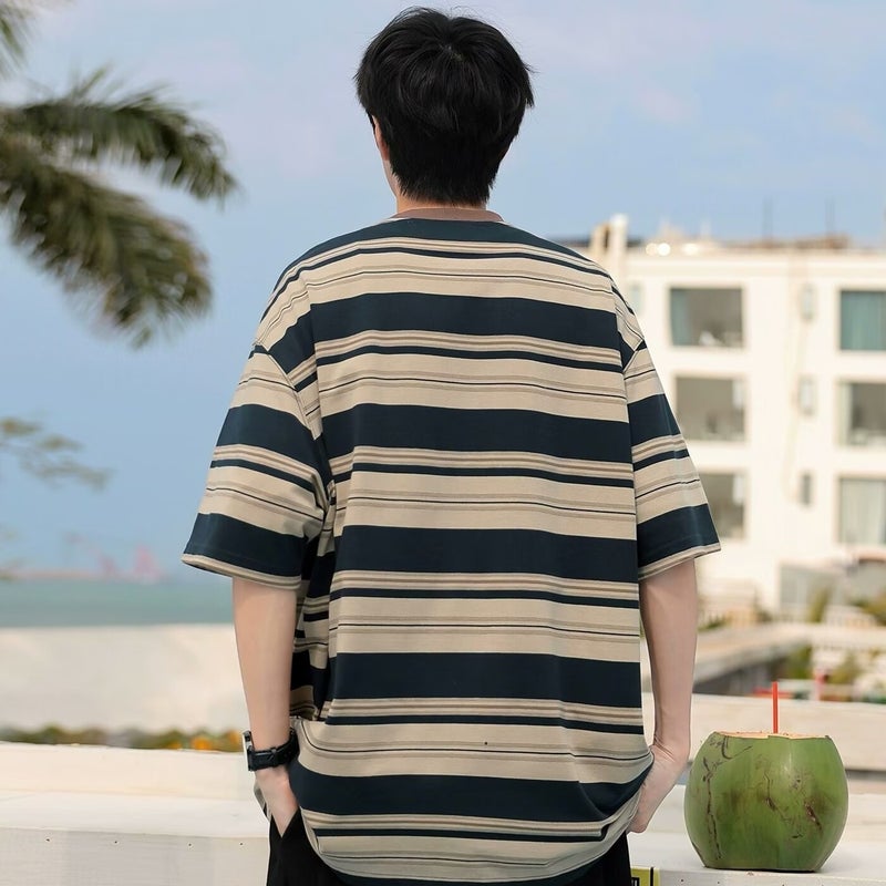 2024 Striped Short-Sleeve Men'S Summer Trendy T-Shirt, Popular On Instagram, Hong Kong Style, Loose And Trendy Half-Sleeve Versatile Five-Point Sleeve - Image 3