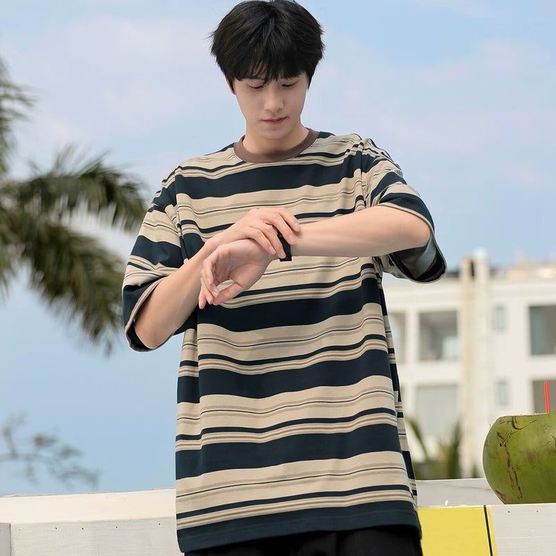 2024 Striped Short-Sleeve Men'S Summer Trendy T-Shirt, Popular On Instagram, Hong Kong Style, Loose And Trendy Half-Sleeve Versatile Five-Point Sleeve - Image 2