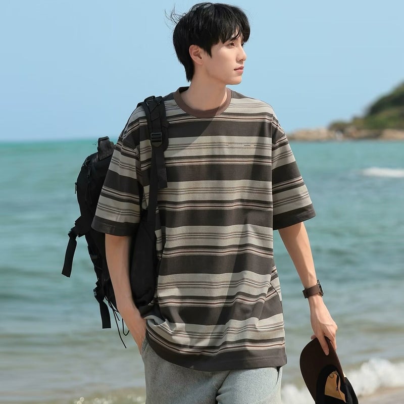 2024 Striped Short-Sleeve Men'S Summer Trendy T-Shirt, Popular On Instagram, Hong Kong Style, Loose And Trendy Half-Sleeve Versatile Five-Point Sleeve - Image 5
