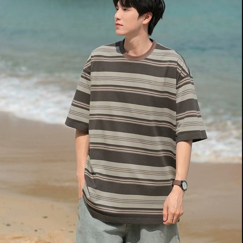 2024 Striped Short-Sleeve Men'S Summer Trendy T-Shirt, Popular On Instagram, Hong Kong Style, Loose And Trendy Half-Sleeve Versatile Five-Point Sleeve - Image 4