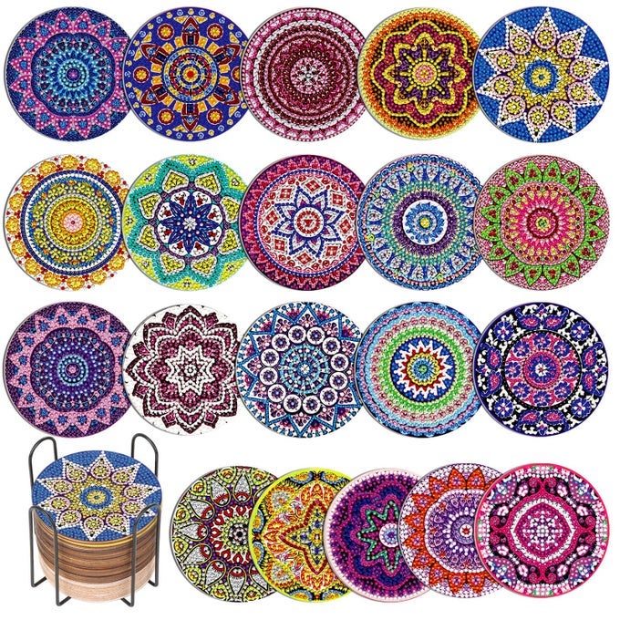 20 Pieces Diamond Art Painting Coasters Kit with Holder Diamond Art Coasters DIY Diamond Art Crafts Projects Diamond Art Kits for Adults and BeginnersMandala Style