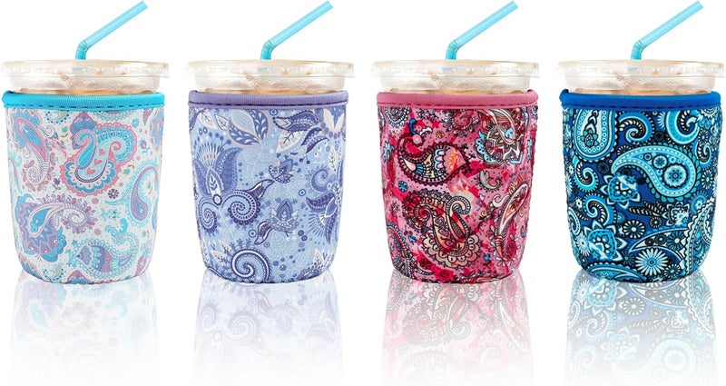 KJQJLY 4 Pack Iced Coffee Sleeve,reusable Neoprene Cup Sleeves Suitable For Beverage Sleeves For Hot And Cold Coffee Or Ice Drink Coffee cup sleeve for Starbucks coffee cup (Paisley 16-20 OZ) - Image 1