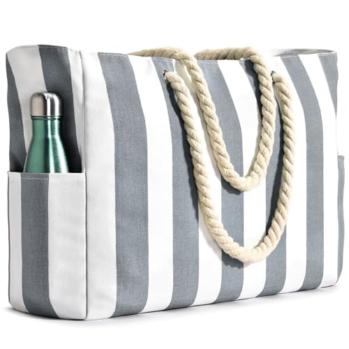 Becokan Beach Bags for Women Pool Bag Waterproof Sandproof Beach Bag Large Beach Swim Bag with Zipper Stripe Beach Bag Tote - Image 1