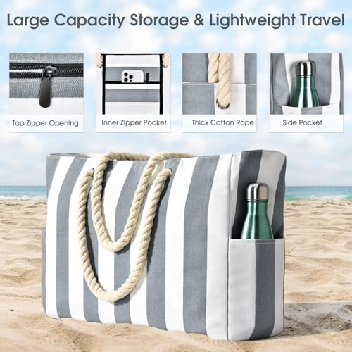 Becokan Beach Bags for Women Pool Bag Waterproof Sandproof Beach Bag Large Beach Swim Bag with Zipper Stripe Beach Bag Tote - Image 3