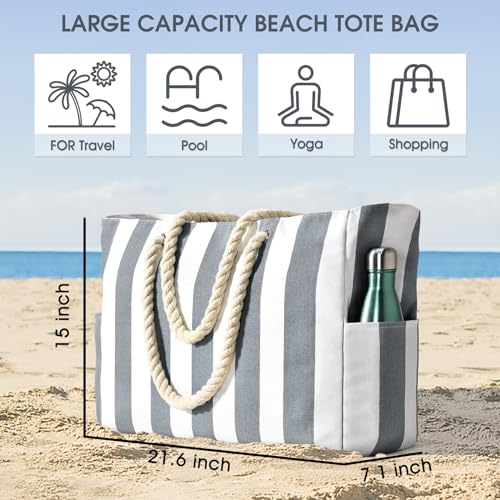 Becokan Beach Bags for Women Pool Bag Waterproof Sandproof Beach Bag Large Beach Swim Bag with Zipper Stripe Beach Bag Tote - Image 4
