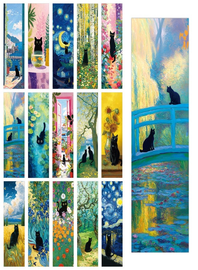 RUBOAOA 60 Pcs Black Cat Bookmarks Bulk, Cute Oil Painting Art Book Marks for Reading Women, Aesthetic Cat Page Markers for Book Lovers, Cat Lover Gifts for Christmas Birthday School Office Supplies - Image 1