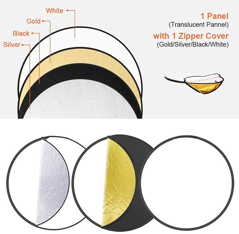VTS 42" 5-in-1 Photography Collapsible Light Disc Reflector, 5 Colors White/Black/Silver/Gold/Translucent with Reflector Disc Holder Clip for Indoor-Outdoor Photo Video Studio Shooting Purpose(42" REFLECTOR WITH CLIP) - Image 3