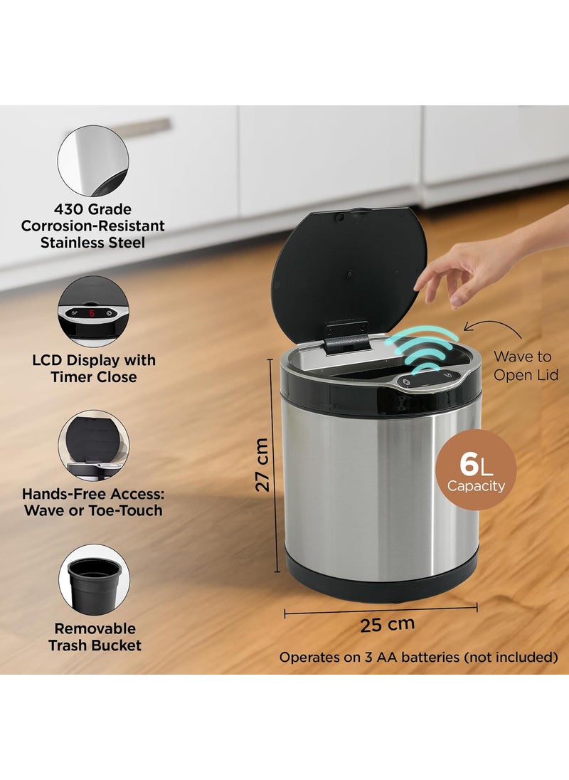 Umai UMAI Stainless Steel Dustbin With Lid Automatic Dustbin With Inner Bucket 6L Dustbin For Kitchen Round Dustbin For Bathroom Dustbin For Bedroom Dustbin For Home Office Silver  - Image 3