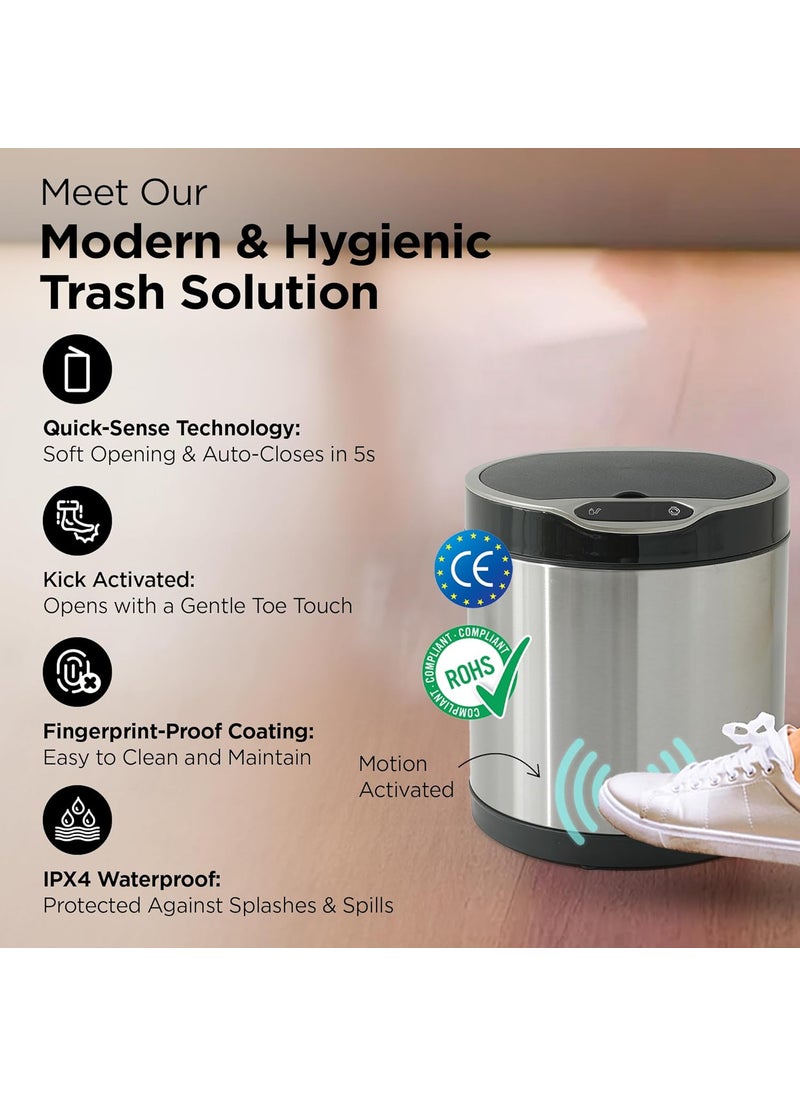 Umai UMAI Stainless Steel Dustbin With Lid Automatic Dustbin With Inner Bucket 6L Dustbin For Kitchen Round Dustbin For Bathroom Dustbin For Bedroom Dustbin For Home Office Silver  - Image 2