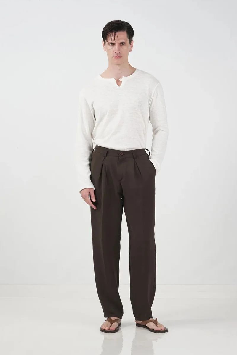 Giesto Mocha Brown GIESTO Straight Leg Pleated Trousers for Men | Best Price UAE
