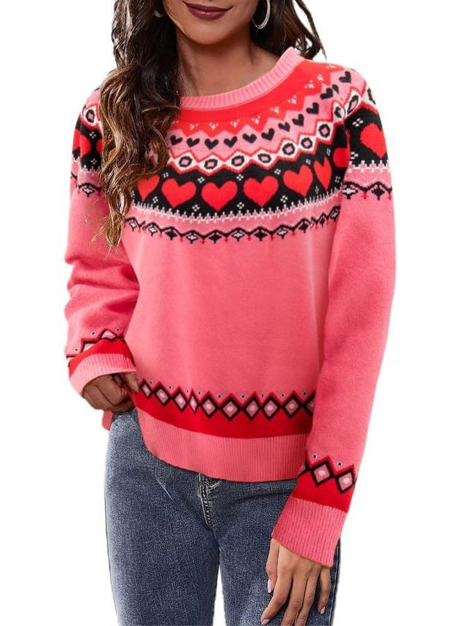 Beopjesk Heart Sweater for Women Winter Cute Long Sleeve Valentine's Day Knitted Pullover Jumper Tops (US, Alpha, Small, Regular, Regular, Pink) - Image 1