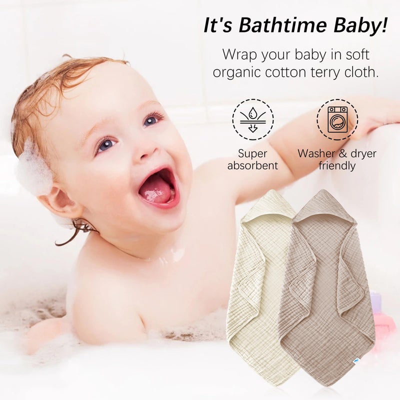 SWEET DOLPHIN Muslin Hooded Baby Bath Towels - 2 Pack 100% Cotton Towel for Babies, Infants, Toddlers - 32x32Inch - Highly Absorbent and Newborn Essential, Ivory and Brown - Image 3