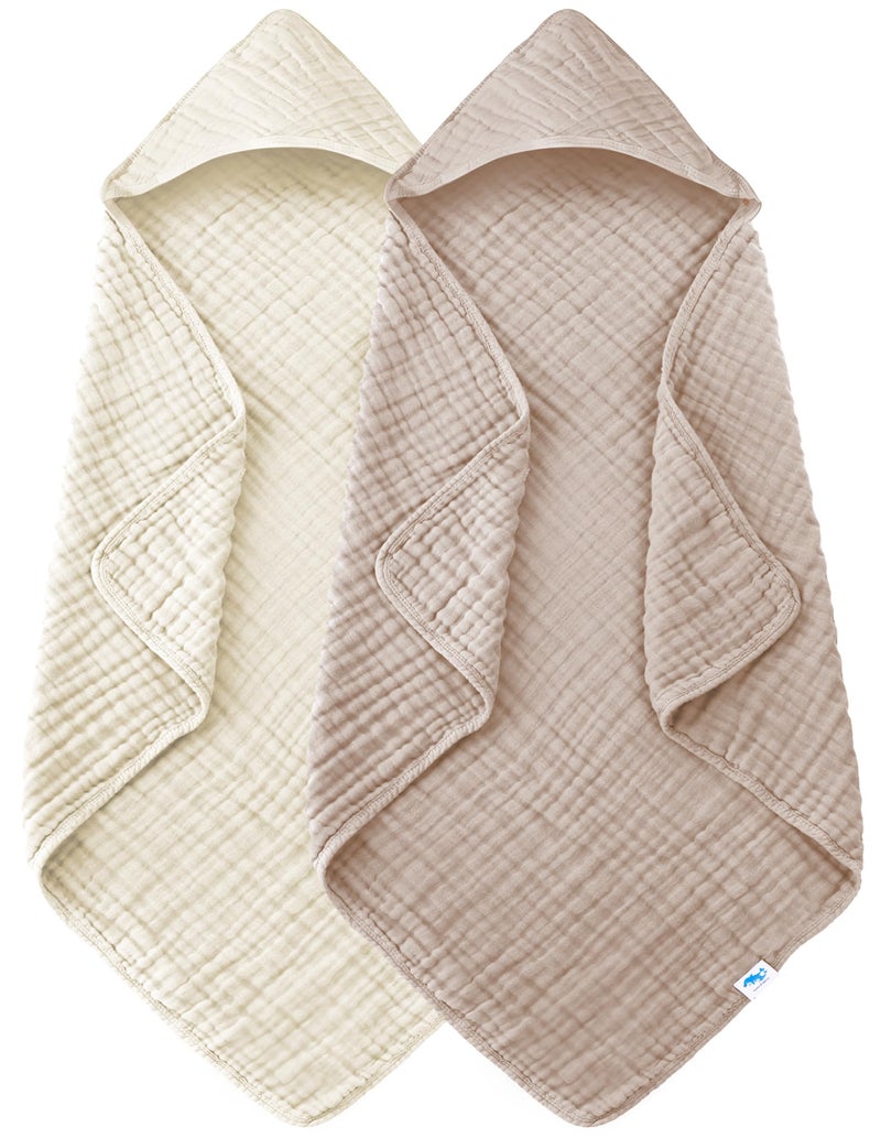 SWEET DOLPHIN Muslin Hooded Baby Bath Towels - 2 Pack 100% Cotton Towel for Babies, Infants, Toddlers - 32x32Inch - Highly Absorbent and Newborn Essential, Ivory and Brown - Image 1