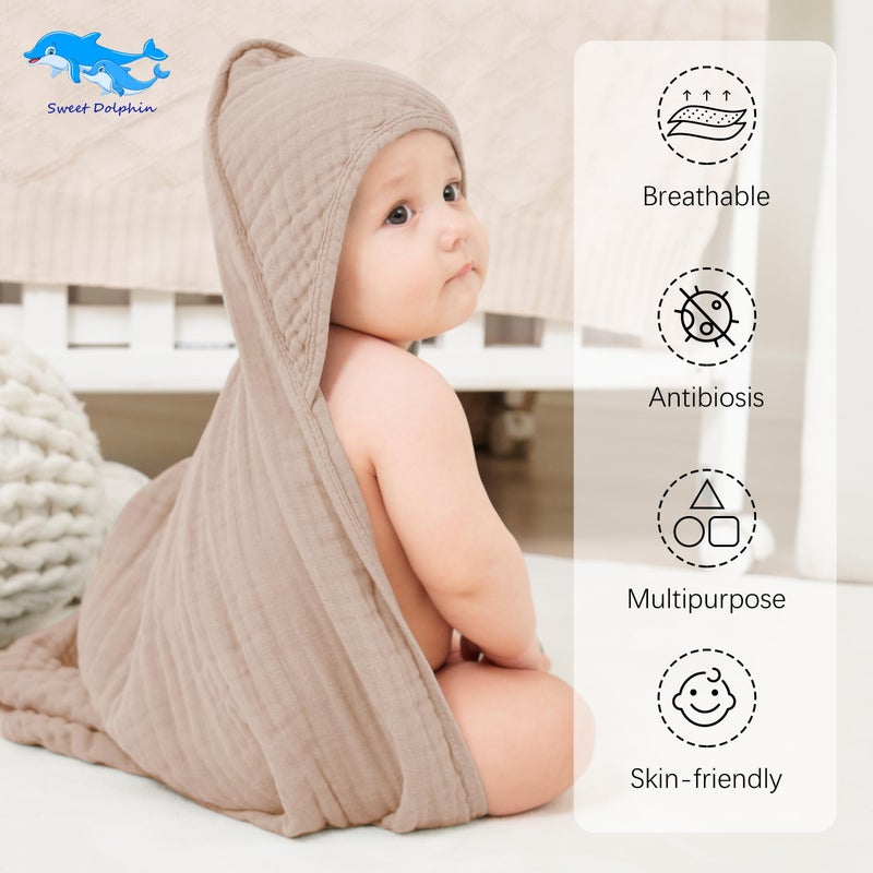 SWEET DOLPHIN Muslin Hooded Baby Bath Towels - 2 Pack 100% Cotton Towel for Babies, Infants, Toddlers - 32x32Inch - Highly Absorbent and Newborn Essential, Ivory and Brown - Image 2