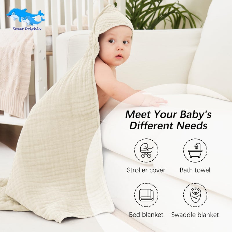SWEET DOLPHIN Muslin Hooded Baby Bath Towels - 2 Pack 100% Cotton Towel for Babies, Infants, Toddlers - 32x32Inch - Highly Absorbent and Newborn Essential, Ivory and Brown - Image 5
