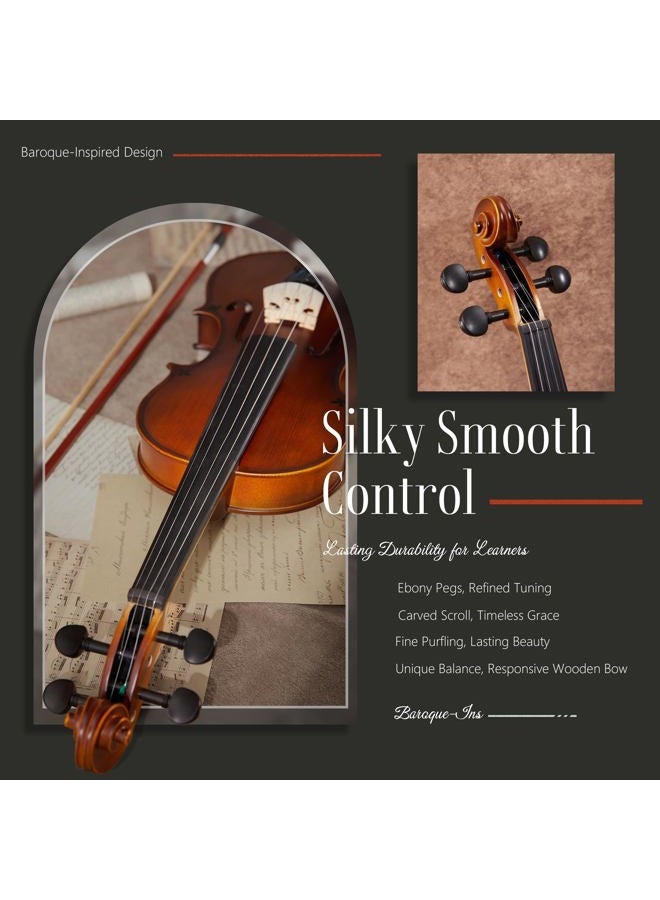AKLOT Handcrafted Full Size Violin: 4/4 Solid Wood Fiddle, Acoustic Beginner Violin Kit with Hard Case, Lesson Book, Bow, Rosin, Shoulder Rest, Extra Strings, Tuner, Fretboard Stickers (VRT-AmiMS) - Image 3