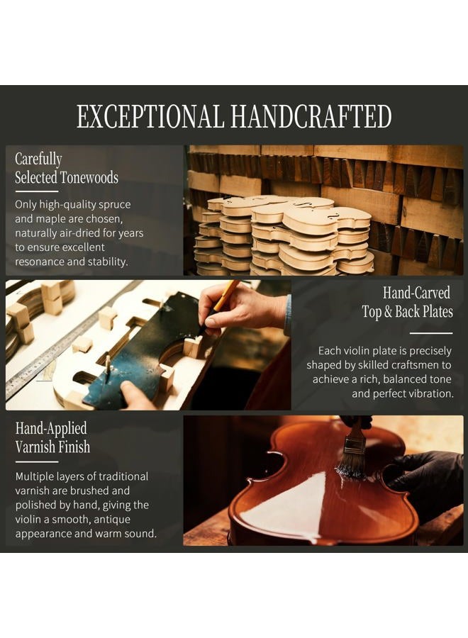 AKLOT Handcrafted Full Size Violin: 4/4 Solid Wood Fiddle, Acoustic Beginner Violin Kit with Hard Case, Lesson Book, Bow, Rosin, Shoulder Rest, Extra Strings, Tuner, Fretboard Stickers (VRT-AmiMS) - Image 5