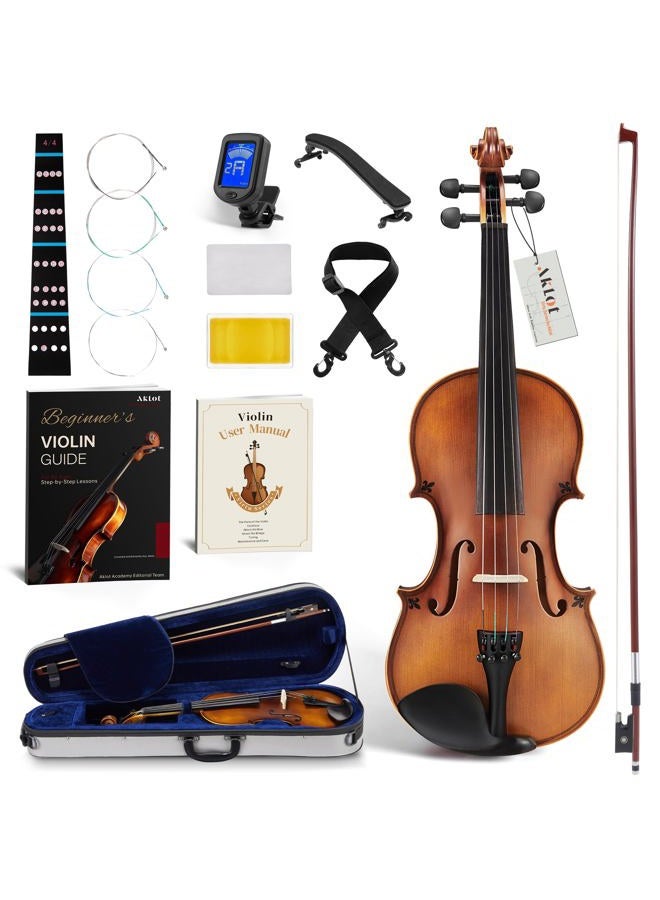 AKLOT Handcrafted Full Size Violin: 4/4 Solid Wood Fiddle, Acoustic Beginner Violin Kit with Hard Case, Lesson Book, Bow, Rosin, Shoulder Rest, Extra Strings, Tuner, Fretboard Stickers (VRT-AmiMS) - Image 1