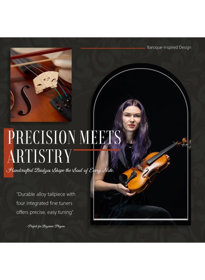 AKLOT Handcrafted Full Size Violin: 4/4 Solid Wood Fiddle, Acoustic Beginner Violin Kit with Hard Case, Lesson Book, Bow, Rosin, Shoulder Rest, Extra Strings, Tuner, Fretboard Stickers (VRT-AmiMS) - Image 4